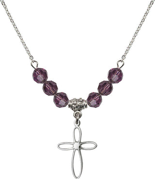 18" Rhodium Plated Necklace with 4mm Amethyst Crystal Beads featuring a Sterling Silver Loop Cross Medal.