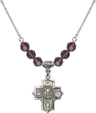 18" Rhodium Plated Necklace with 4mm Amethyst Crystal Beads featuring a Sterling Silver Communion/5-Way Medal.