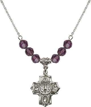 18" Rhodium Plated Necklace with 4mm Amethyst Crystal Beads featuring a Sterling Silver 5-Way Medal.