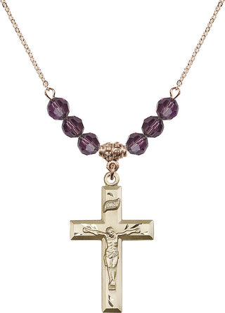 18" Hamilton Gold Plated Necklace with 4mm Amethyst Crystal Beads featuring a 14kt Gold Filled Crucifix Medal.