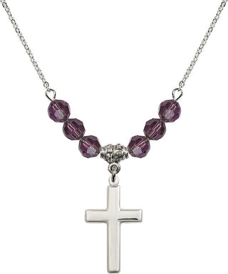 18" Rhodium Plated Necklace with 4mm Amethyst Crystal Beads featuring a Sterling Silver Cross Medal.