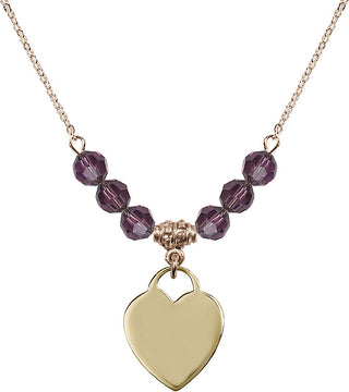 18" Hamilton Gold Plated Necklace with 4mm Amethyst Crystal Beads featuring a 14kt Gold Filled Heart Medal. Engraved Catholic Saint Jewelry