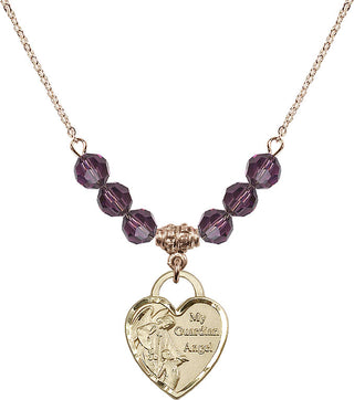 18" Hamilton Gold Plated Necklace with 4mm Amethyst Crystal Beads featuring a 14kt Gold Filled Guardian Angel Heart Medal. Engraved Catholic Saint Jewelry