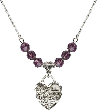 18" Rhodium Plated Necklace with 4mm Amethyst Crystal Beads featuring a Sterling Silver Saint Michael the Archangel Medal. Engraved Catholic Saint Jewelry