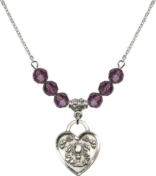 18" Rhodium Plated Necklace with 4mm Amethyst Crystal Beads featuring a Sterling Silver Communion Heart Medal. Engraved Catholic Saint Jewelry
