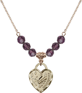18" Hamilton Gold Plated Necklace with 4mm Amethyst Crystal Beads featuring a 14kt Gold Filled Graduation Heart Medal. Engraved Catholic Saint Jewelry