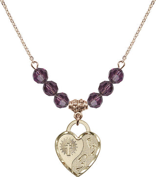 18" Hamilton Gold Plated Necklace with 4mm Amethyst Crystal Beads featuring a 14kt Gold Filled Footprints Heart Medal. Engraved Catholic Saint Jewelry