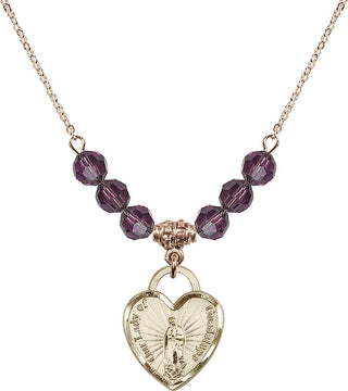 18" Hamilton Gold Plated Necklace with 4mm Amethyst Crystal Beads featuring a 14kt Gold Filled Our Lady Guadalupe Heart / Recuerdo Medal.