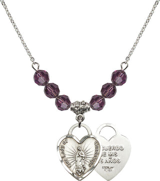 18" Rhodium Plated Necklace with 4mm Amethyst Crystal Beads featuring a Sterling Silver Our Lady Guadalupe Heart / Recuerdo Medal.