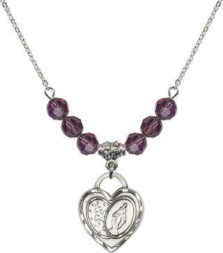 18" Rhodium Plated Necklace with 4mm Amethyst Crystal Beads featuring a Sterling Silver Miraculous Heart Medal.