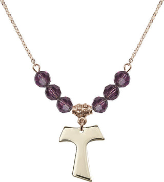 18" Hamilton Gold Plated Necklace with 4mm Amethyst Crystal Beads featuring a 14kt Gold Filled Tau Cross Medal.