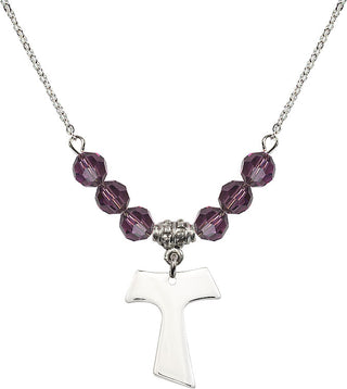 18" Rhodium Plated Necklace with 4mm Amethyst Crystal Beads featuring a Sterling Silver Tau Cross Medal.