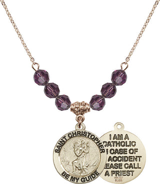 18" Hamilton Gold Plated Necklace with 4mm Amethyst Crystal Beads featuring a 14kt Gold Filled Saint Christopher Medal.