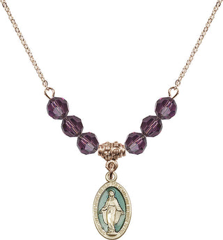18" Hamilton Gold Plated Necklace with 4mm Amethyst Crystal Beads featuring a 14kt Gold Filled Miraculous Medal.