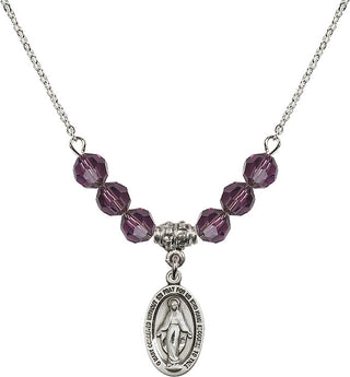 18" Rhodium Plated Necklace with 4mm Amethyst Crystal Beads featuring a Sterling Silver Miraculous Medal.