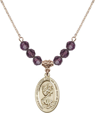 18" Hamilton Gold Plated Necklace with 4mm Amethyst Crystal Beads featuring a 14kt Gold Filled Saint Christopher Medal. Engraved Catholic Saint Jewelry