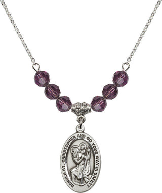 18" Rhodium Plated Necklace with 4mm Amethyst Crystal Beads featuring a Sterling Silver Saint Christopher Medal. Engraved Catholic Saint Jewelry