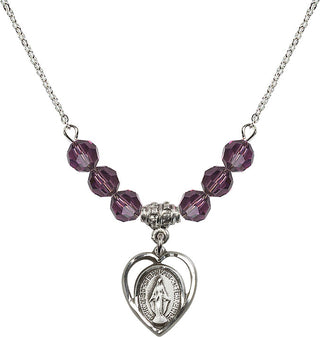 18" Rhodium Plated Necklace with 4mm Amethyst Crystal Beads featuring a Sterling Silver Miraculous Medal.