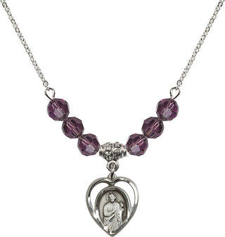 18" Rhodium Plated Necklace with 4mm Amethyst Crystal Beads featuring a Sterling Silver Saint Jude Medal.