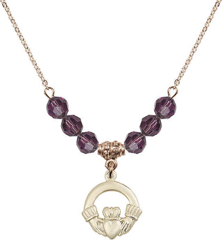 18" Hamilton Gold Plated Necklace with 4mm Amethyst Crystal Beads featuring a 14kt Gold Filled Claddagh Medal.