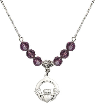 18" Rhodium Plated Necklace with 4mm Amethyst Crystal Beads featuring a Sterling Silver Claddagh Medal.