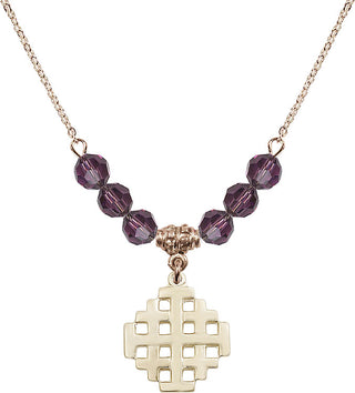 18" Hamilton Gold Plated Necklace with 4mm Amethyst Crystal Beads featuring a 14kt Gold Filled Jerusalem Cross Medal.
