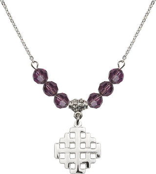 18" Rhodium Plated Necklace with 4mm Amethyst Crystal Beads featuring a Sterling Silver Jerusalem Cross Medal.