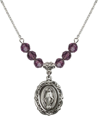 18" Rhodium Plated Necklace with 4mm Amethyst Crystal Beads featuring a Sterling Silver Miraculous Medal.