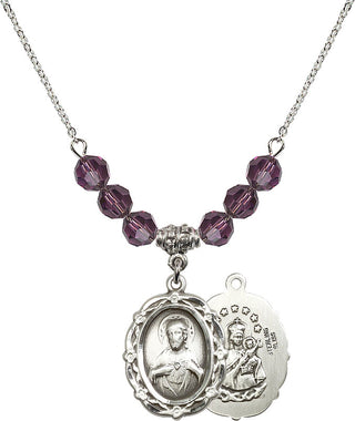 18" Rhodium Plated Necklace with 4mm Amethyst Crystal Beads featuring a Sterling Silver Scapular Medal.