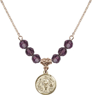 18" Hamilton Gold Plated Necklace with 4mm Amethyst Crystal Beads featuring a 14kt Gold Filled Communion Chalice Medal.