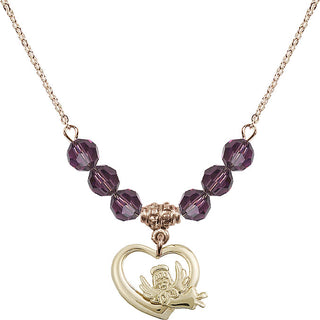 18" Hamilton Gold Plated Necklace with 4mm Amethyst Crystal Beads featuring a 14kt Gold Filled Heart / Guardian Angel Medal.
