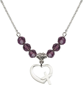 18" Rhodium Plated Necklace with 4mm Amethyst Crystal Beads featuring a Sterling Silver Heart / Cross Medal.
