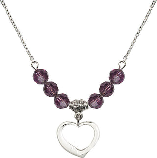 18" Rhodium Plated Necklace with 4mm Amethyst Crystal Beads featuring a Sterling Silver Heart Medal.