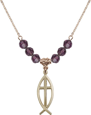 18" Hamilton Gold Plated Necklace with 4mm Amethyst Crystal Beads featuring a 14kt Gold Filled Fish / Cross Medal.