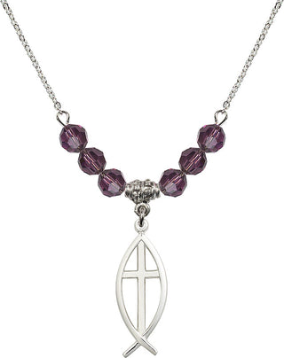 18" Rhodium Plated Necklace with 4mm Amethyst Crystal Beads featuring a Sterling Silver Fish / Cross Medal.