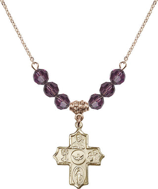 18" Hamilton Gold Plated Necklace with 4mm Amethyst Crystal Beads featuring a 14kt Gold Filled 5-Way Medal.