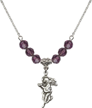 18" Rhodium Plated Necklace with 4mm Amethyst Crystal Beads featuring a Sterling Silver Guardian Angel Medal.