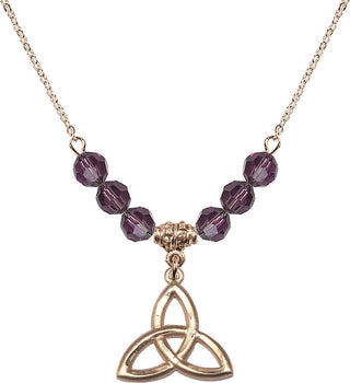 18" Hamilton Gold Plated Necklace with 4mm Amethyst Crystal Beads featuring a 14kt Gold Filled Trinity Irish Knot Medal.