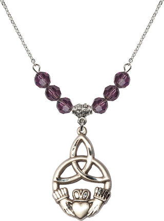 18" Rhodium Plated Necklace with 4mm Amethyst Crystal Beads featuring a Sterling Silver Irish Knot / Claddagh Medal.