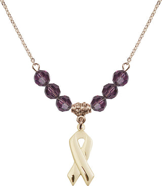 18" Hamilton Gold Plated Necklace with 4mm Amethyst Crystal Beads featuring a 14kt Gold Filled Cancer Awareness Medal.