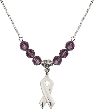 18" Rhodium Plated Necklace with 4mm Amethyst Crystal Beads featuring a Sterling Silver Cancer Awareness Medal.