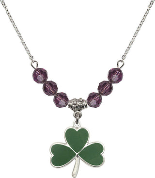 18" Rhodium Plated Necklace with 4mm Amethyst Crystal Beads featuring a Sterling Silver Shamrock Medal.