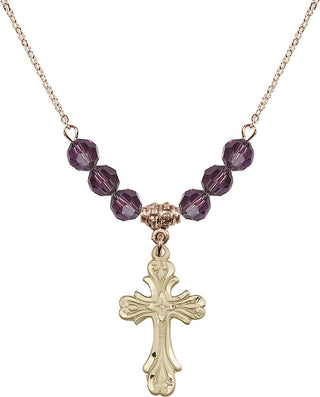 18" Hamilton Gold Plated Necklace with 4mm Amethyst Crystal Beads featuring a 14kt Gold Filled Cross Medal.