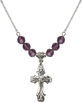18" Rhodium Plated Necklace with 4mm Amethyst Crystal Beads featuring a Sterling Silver Cross Medal.