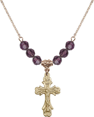 18" Hamilton Gold Plated Necklace with 4mm Amethyst Crystal Beads featuring a 14kt Gold Filled Crucifix Medal.