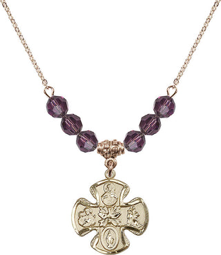 18" Hamilton Gold Plated Necklace with 4mm Amethyst Crystal Beads featuring a 14kt Gold Filled 5-Way Medal.