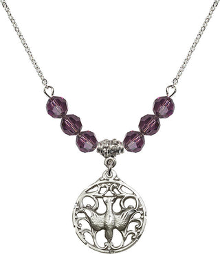 18" Rhodium Plated Necklace with 4mm Amethyst Crystal Beads featuring a Sterling Silver Holy Spirit Medal.