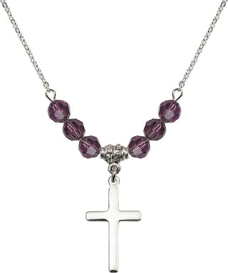 18" Rhodium Plated Necklace with 4mm Amethyst Crystal Beads featuring a Sterling Silver Cross Medal.
