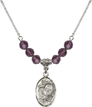18" Rhodium Plated Necklace with 4mm Amethyst Crystal Beads featuring a Sterling Silver Miraculous Medal.