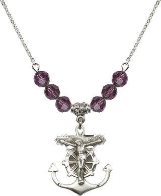 18" Rhodium Plated Necklace with 4mm Amethyst Crystal Beads featuring a Sterling Silver Anchor Crucifix Medal.
